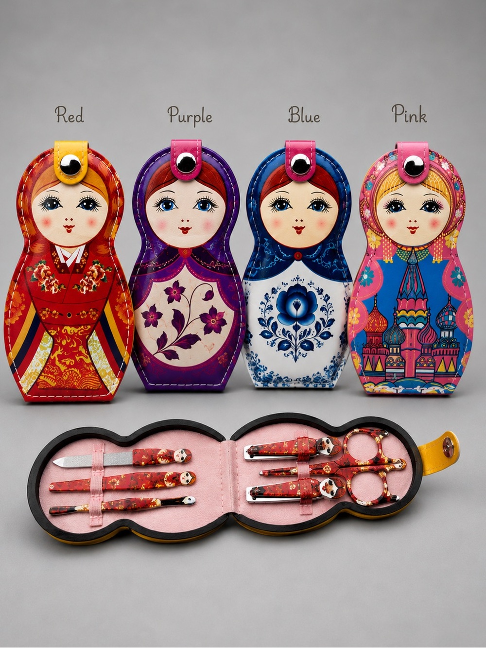 Russian Doll Manicure Set Matryoshka Nail Kit Travel Case Red Blue Pink Purple🪆